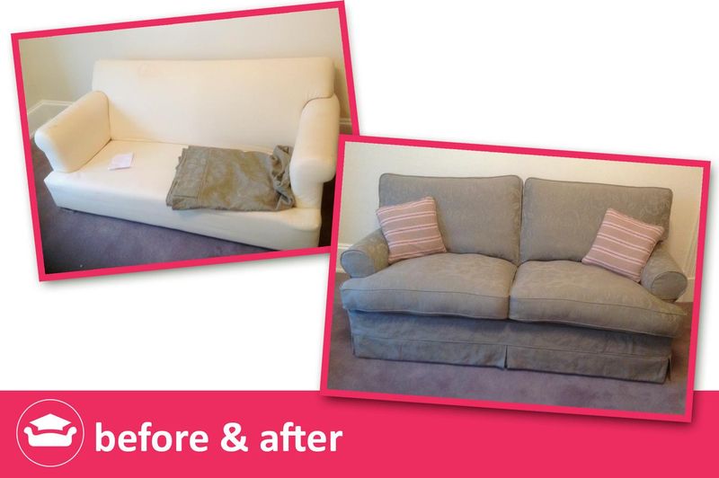 Tetrad sofa before and after: cream covers replaced with grey loose covers