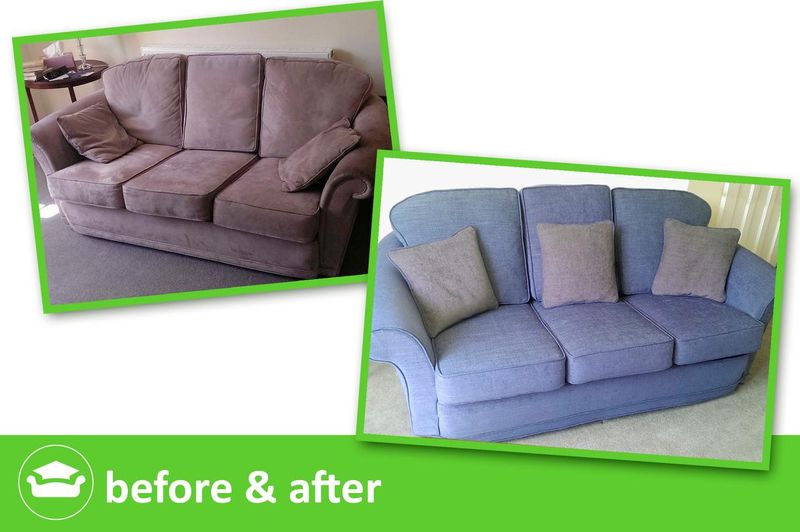 Three-seater sofa before and after: new lavender-blue loose cover made on the online course