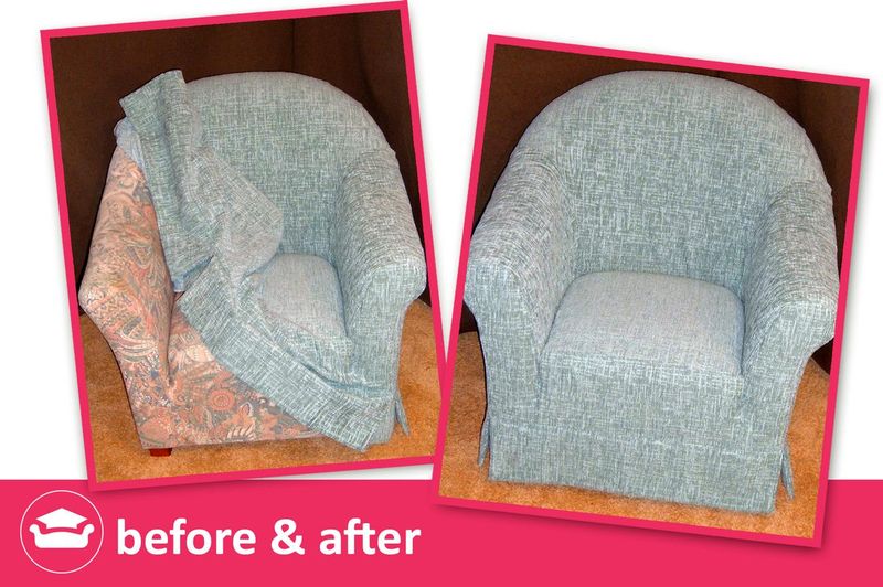 Tub chair before and after: new blue-green tweed loose cover