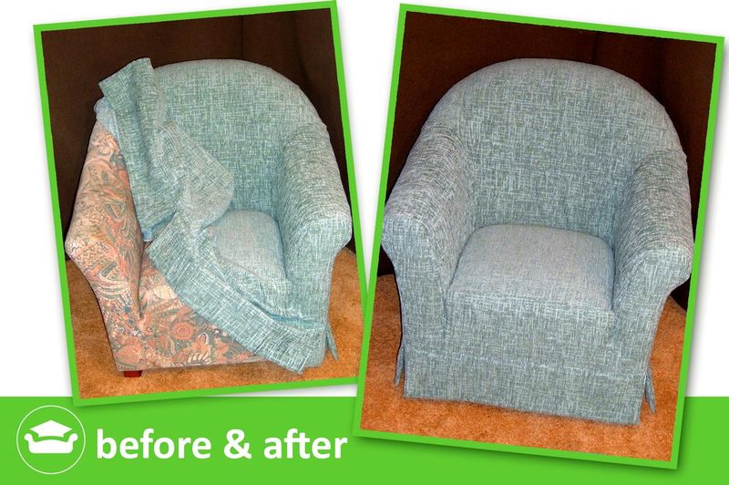 Tub chair before and after: fitted loose cover in blue-green tweed made by an academy student