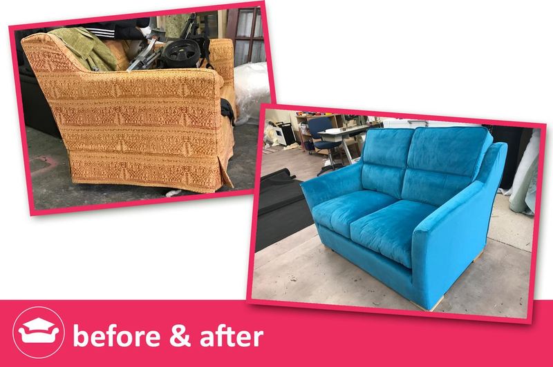 Sofa before and after: orange patterned cover replaced with turquoise