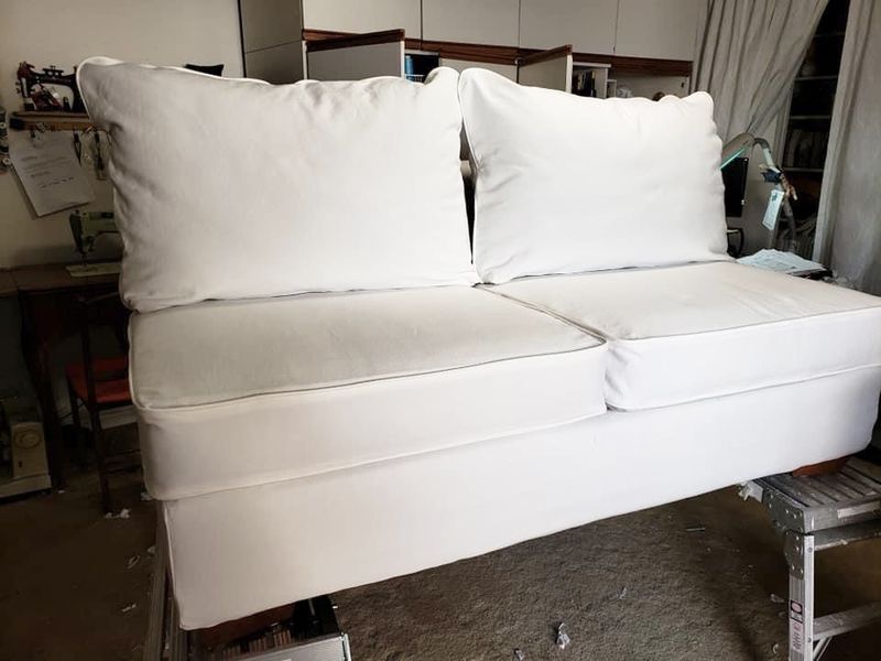 White sofa loose cover with box cushions made by Frances