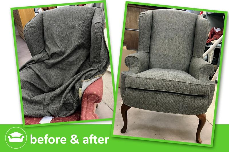 Wingback chair before and after: grey tweed loose cover made by an academy student