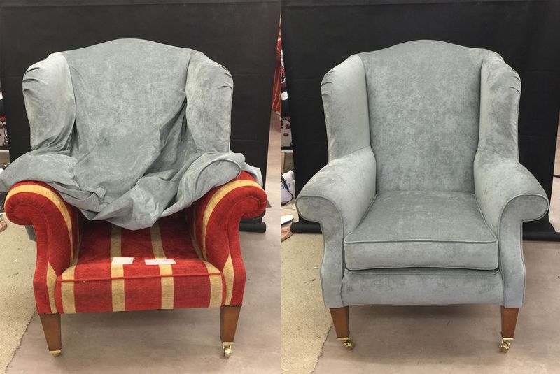 Wingback chair before and after: red striped upholstery covered with a pale grey loose cover